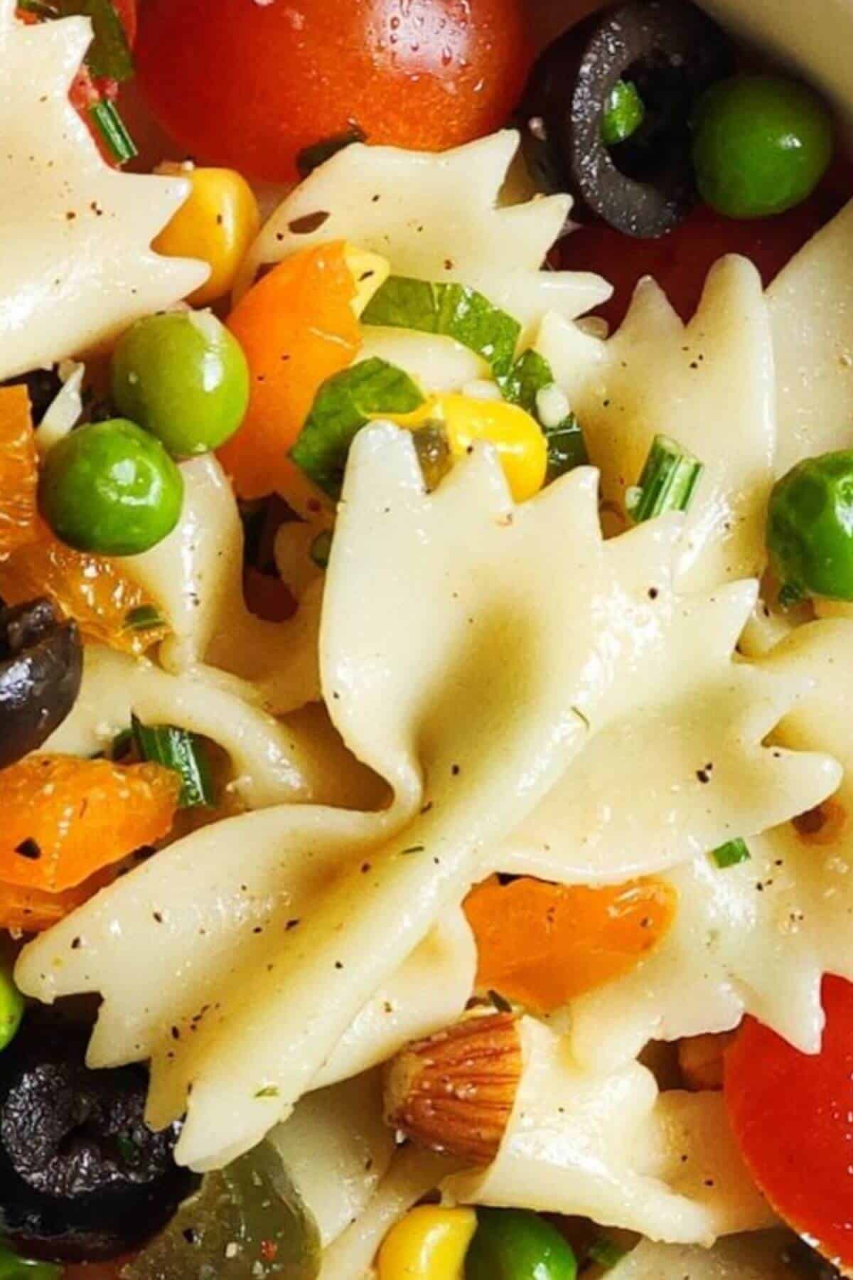 Closeup shot of vegan pasta salad.