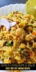 Closeup shot of chickpea and rice served with red onion slices..