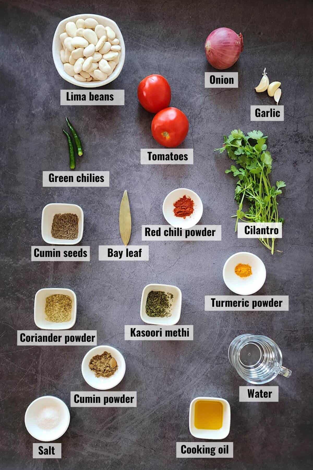 Ingredients required to make butter bean curry labeled.