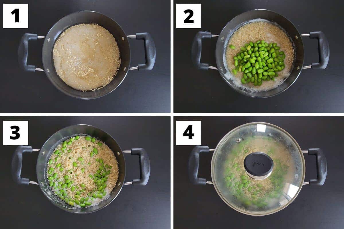 Collage of steps 1 to 4 of edamame quinoa salad recipe.