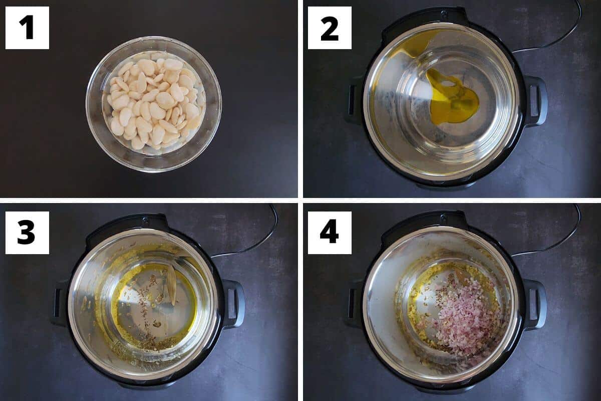 Collage of images of steps 1 to 4 of butter bean curry recipe.