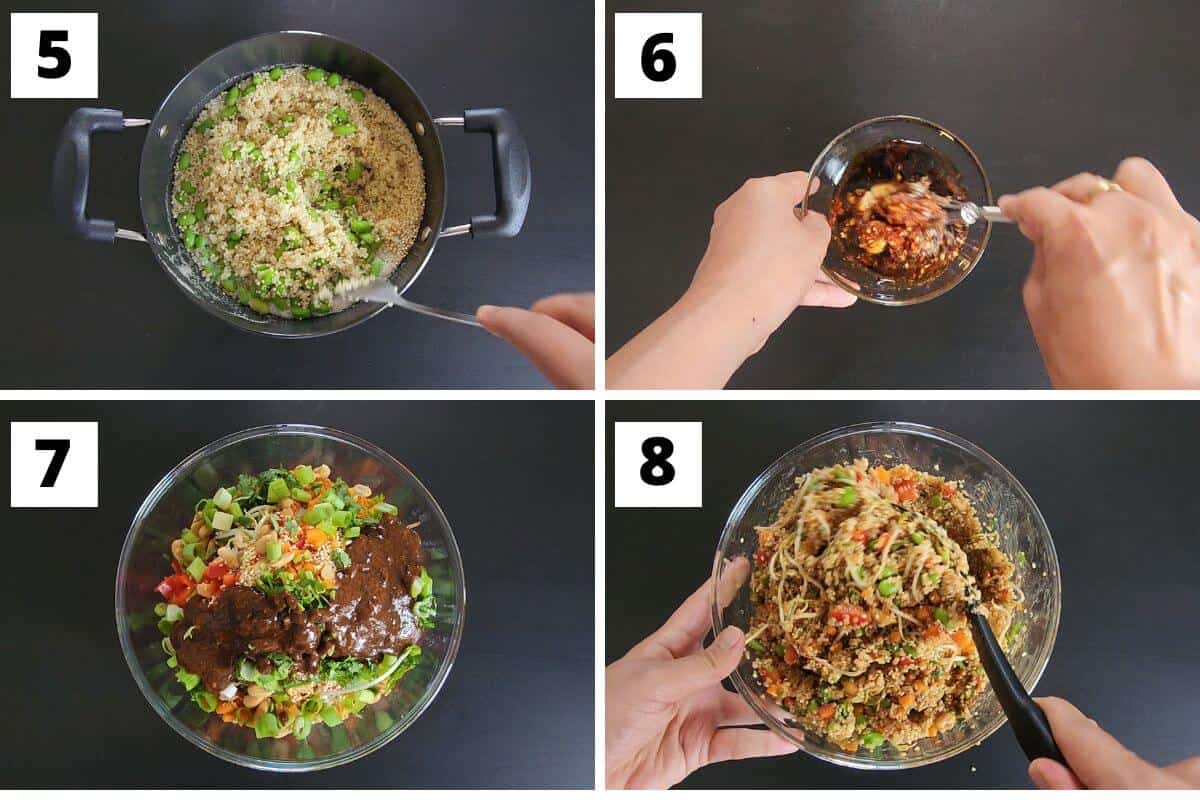 Collage of steps 5 to 8 of edamame quinoa salad recipe.