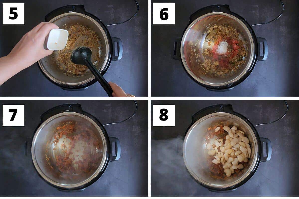 Collage of images of steps 5 to 8 of butter bean curry recipe.