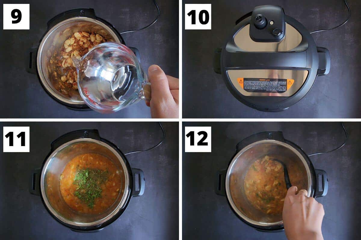Collage of images of steps 9 to 12 of butter bean curry recipe.