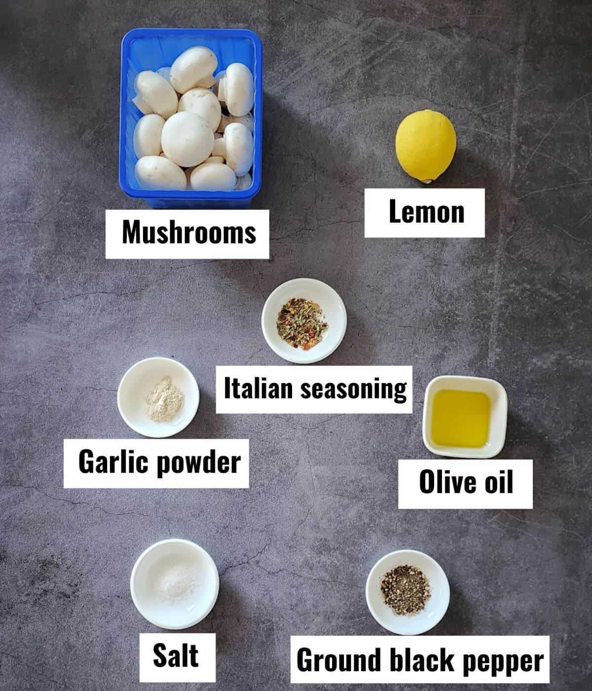 Ingredients for air fryer mushrooms recipe, labeled.