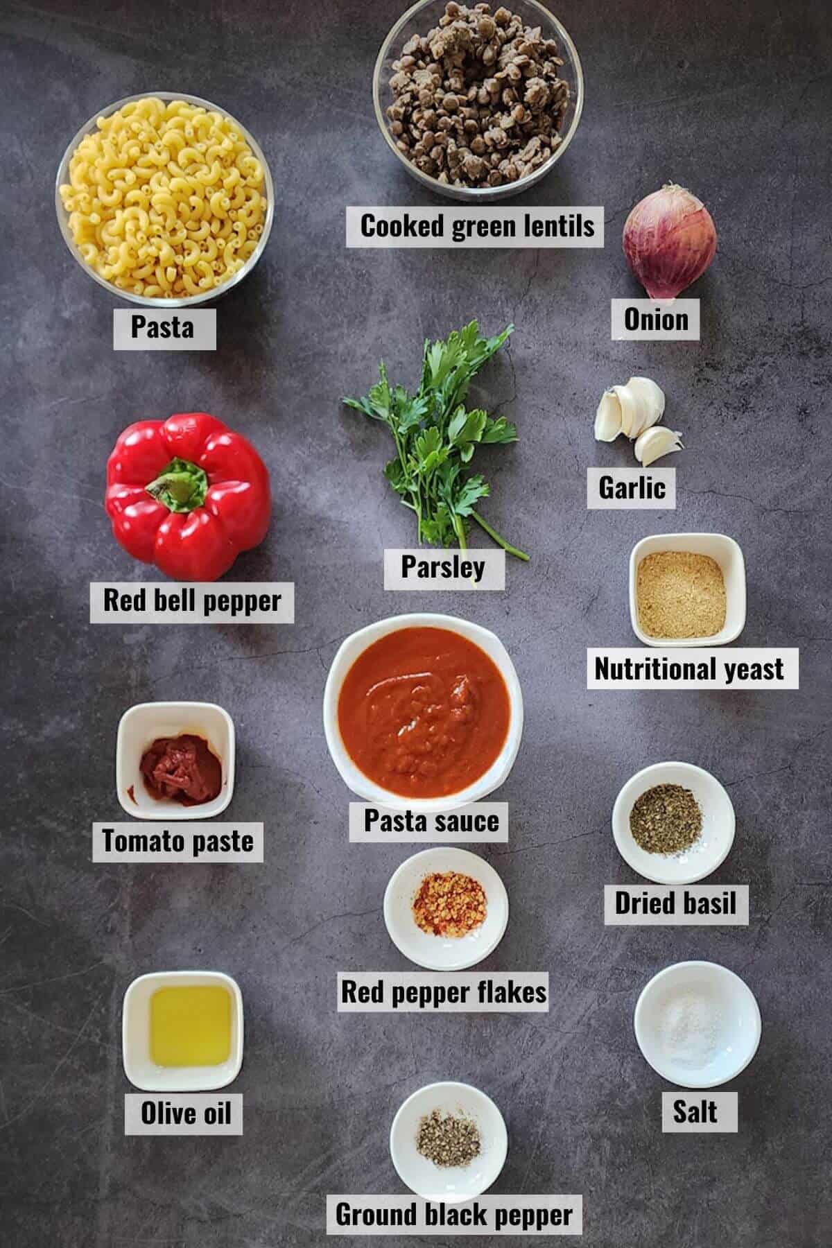 Ingredients of pasta with lentils recipe, labeled.