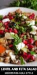 Closeup shot of Mediterranean lentil and feta salad with pomegranate aril.