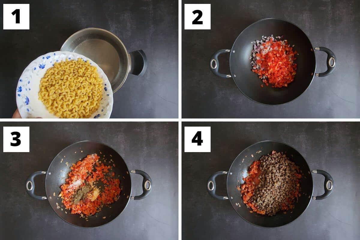 Collage of images of steps 1 to 4 of lentils and pasta recipe.