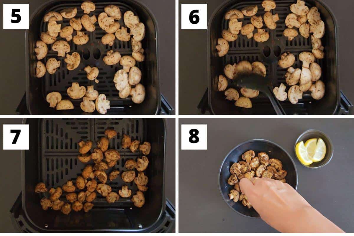 Collage of images of steps 5 to 8 of air fryer mushrooms recipe.