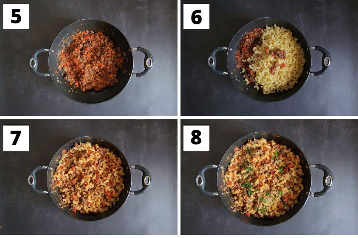 Collage of images of steps 5 to 8 of lentils and pasta recipe.