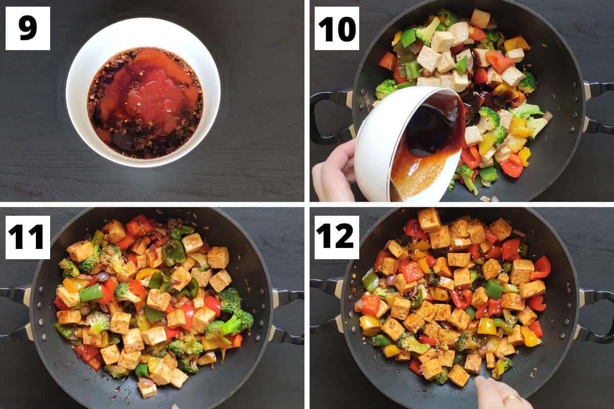 Collage of images of steps 9 to 12 of sweet and sour tofu recipe.