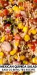 Mexican quinoa salad with a tag on top with quick detail about the recipe.